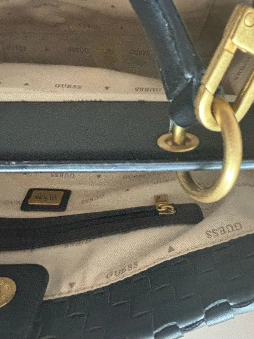 GUESS Black Woven Shoulder Tote with Gold Logo - Picture 5 of 5
